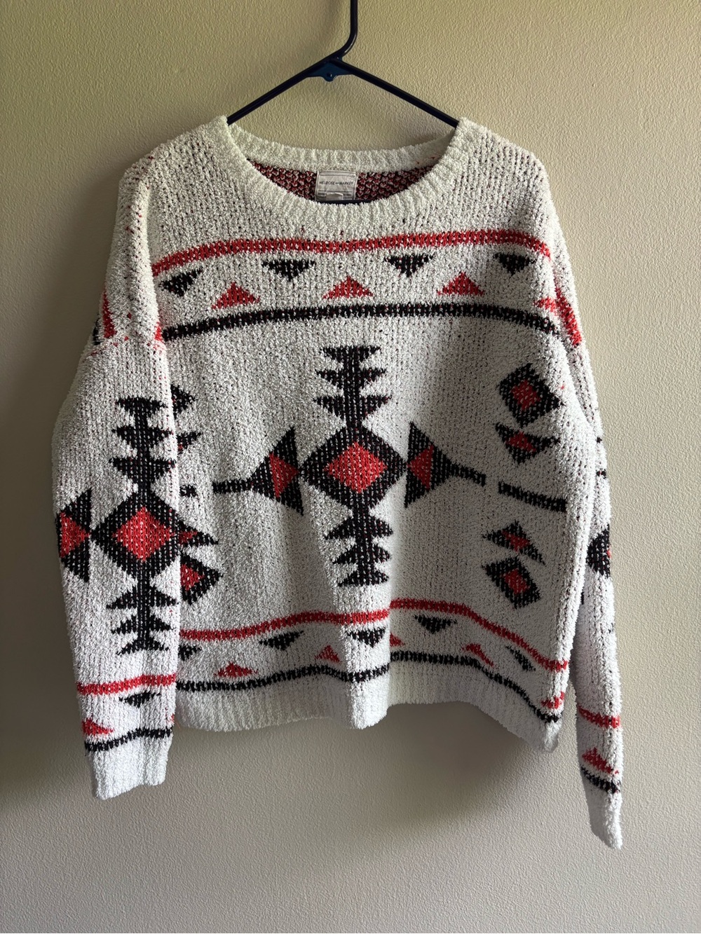 Melrose and Market WesternCream Crewneck Sweater with Red and Black Aztec Print